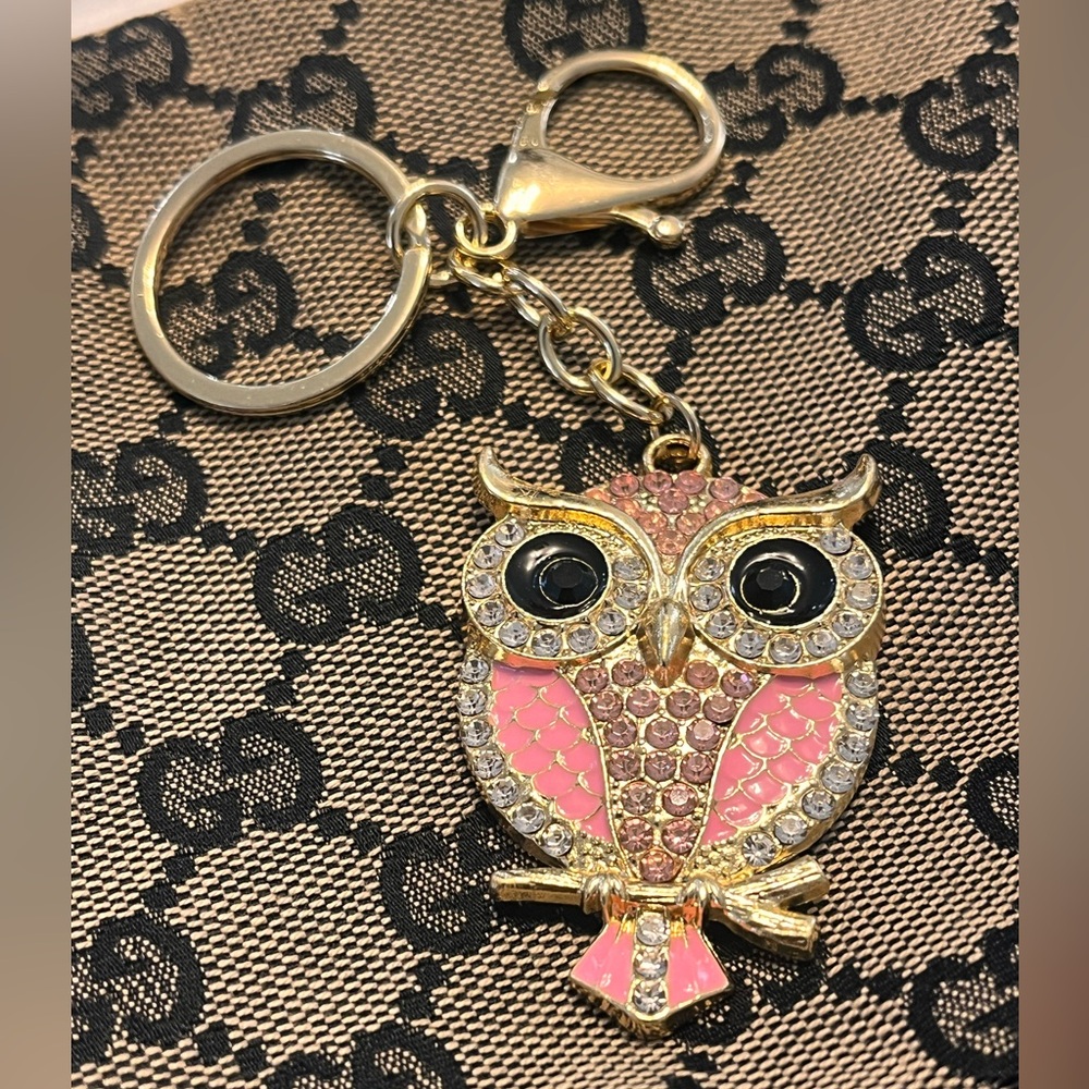 Owl Gold Bag Charm Keychain with Black & Pink Enamel and Rhinestones